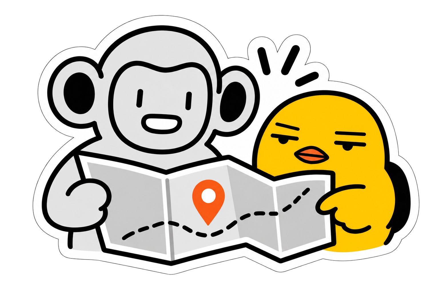 Two mascots planning a trip together with a map