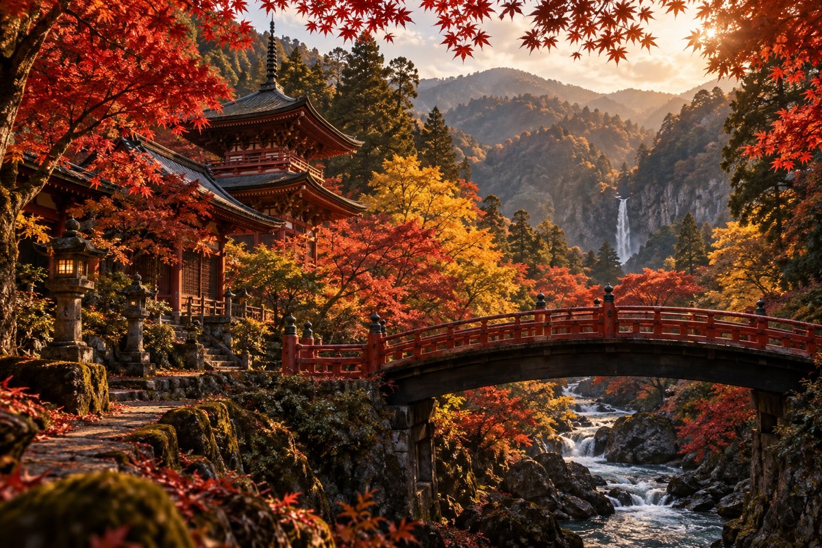 A traditional temple among autumn trees in Nikko